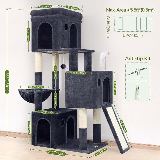 Globlazer Cat Tower for Indoor Cats, 52in Multi-Level Heavy Duty Cat Tower with 4 Scratching Posts, Ladder, Sturdy Cat Tree with 3 Cat Condos for Adult Cats Kittens, Hanging Basket, F52B, Dark Grey