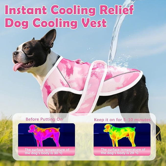 Dog Cooling Vest – Lightweight Pet Cooling Shirt 3D Breathable Mesh, Reflective Strips & UV Protection for Walking, Hiking, Park – Adjustable Fit Dog Cooler Jacket with D-Ring U-DCV01M