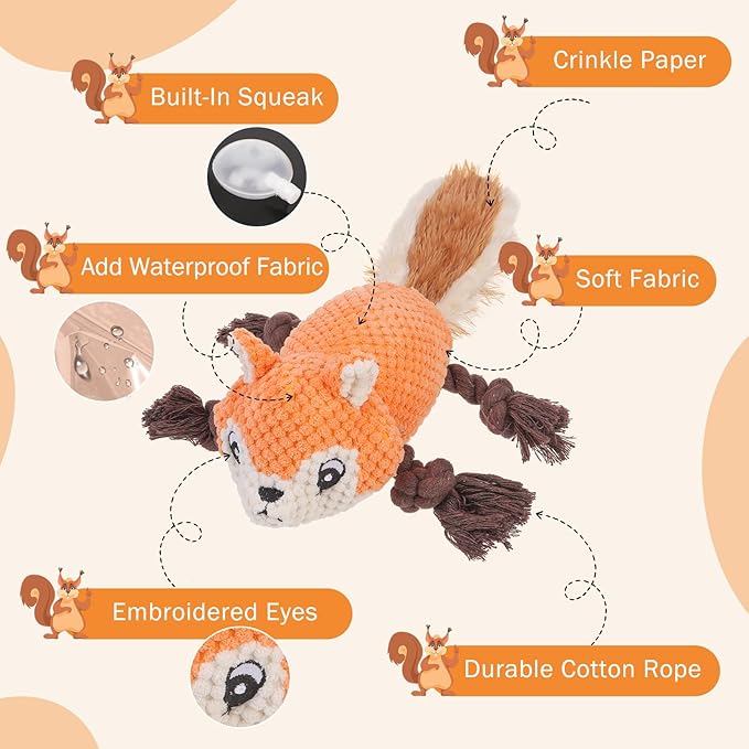 SCENEREAL Tug of War Stuffed Dog Toys for Small Medium Large Dogs,Durable Squeaky Interactive Dog Chew Toys, Keep Them Busy Dog Chew Guard Technology with Rope for Training Indoor(Squirrel, Orange)