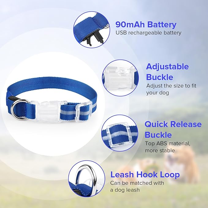 Light Up Dog Collar, Adjustable USB Rechargeable Glow in Dark Dog Collar ,Waterproof Dog Collars for Large Dogs (Blue, Large)