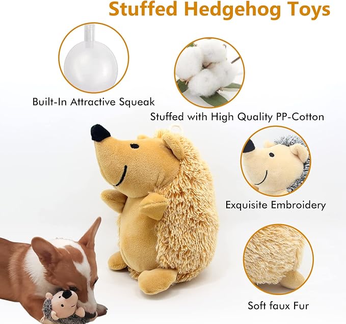 Dog Squeaky Toys, Durable Stuffed Crinkle Plush Dog Chew Toys for Puppy Teething, Interactive Dog Toys for Small, Medium and Large Dogs (Grey+Yellow, Hedgehogs)