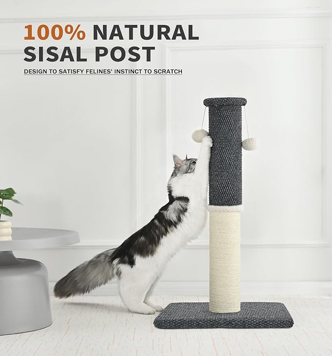 Made4Pets Tall Cat Scratching Post, Heavy Duty and Thicker Scratching Posts for Indoor Cats Adults, 33" Natural Sisal Cat Scratcher with Hanging Balls, Sturdy Base Cat Scratch Post, Dark Grey