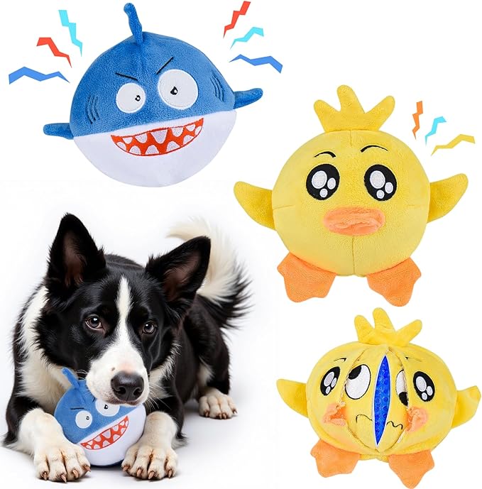 Squeaky Dog Toys for Aggressive Chewers(3in1), Interactive Durable Ball Chew Toys with Crinkle Paper & Tearable Plush, Puppy Teething Toys for Large, Medium & Small Dogs to Keep Them Busy(2Pack)