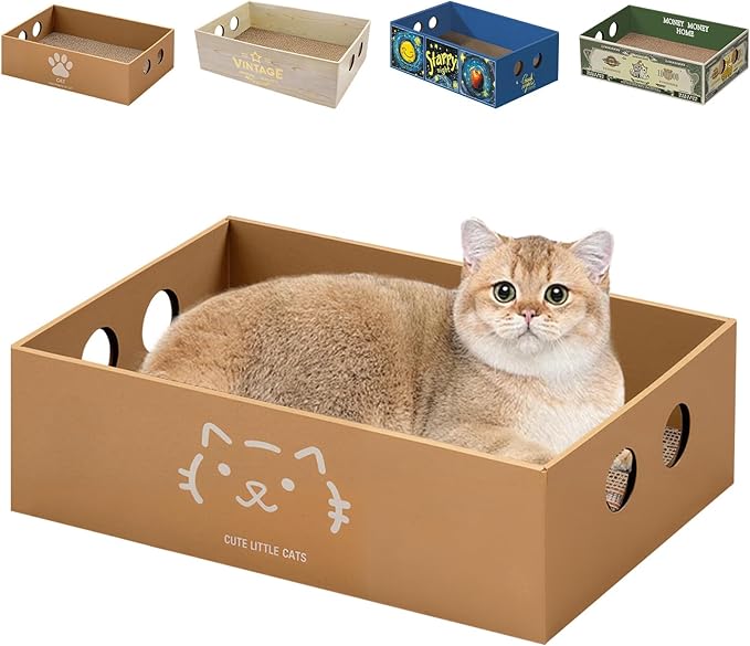 Heavy Duty Cardboard Cat Scratcher Box, Cat Bed with Double-Sided Cardboard Scratch Pad, Interactive Hole Design, Scratch Lounge Bed Suitable for Cats to Rest(Cat Pattern)