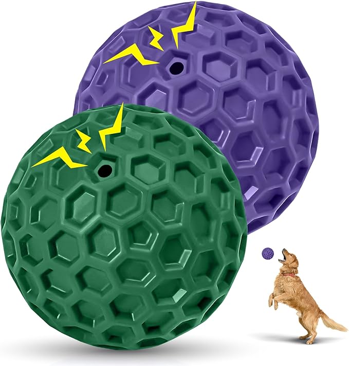 2 Pack Indestructible Squeaky Dog Balls for Aggressive Chewers, Durable Rubber Chew Toys for Teething, Anxiety Relief Perfect for Large, Medium Breeds, Indoor Outdoor Use