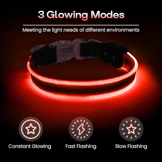 PcEoTllar Light up Dog Collars Rechargeable, LED Dog Collar Night Walking, Waterproof Flashing Glow in The Dark Dog Collars, Adjustable Dog Lights for Large Small Medium Dogs Red-L