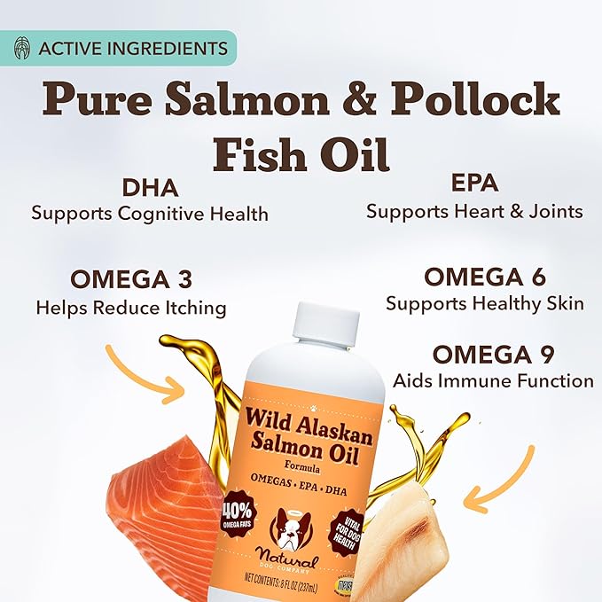 Natural Dog Company Wild Alaskan Salmon Oil Formula with Omega 3, Fish Oil for Dogs Supplement, Skin & Coat Dog Oil, Itchy Relief, Immune Support for Joints & Heart, Food Topper, 8 oz.