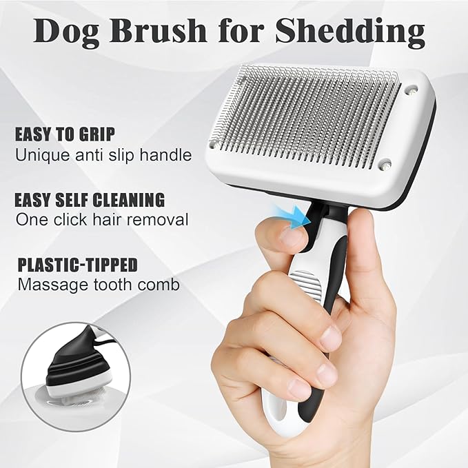 3PCS Dog Grooming Kit - Deshedding Dog Brush, Self Cleaning Slicker Brush, Bath Brush and Comb, Suitable for Hair Removal and Bathing of Dogs & Cats (white Black)