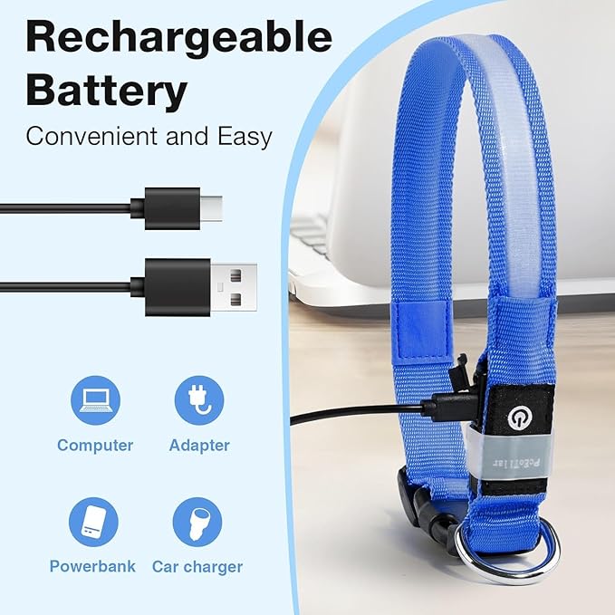PcEoTllar Light Up Dog Collars, Rechargeable Led Dog Collar with Automatic 7-Color Changes, Water Resistant Lighted Dog Collar for Night Walking with High Visibility, Bright Glow Dog Collar(Blue, L)