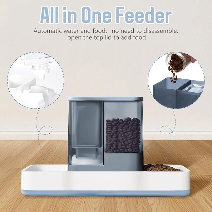 Automatic Small Pet Feeder and Water Dispenser, 2 in 1 Gravity Cat Auto Cat Small Medium Dog Feeder and Waterer Set Feeder Dish for Puppy Kitten Small Pets (Blue)