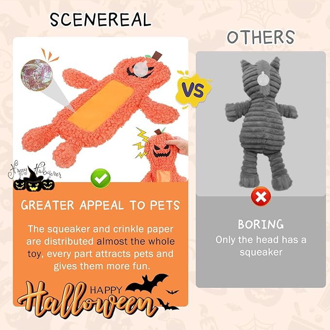 SCENEREAL Stuffless Halloween Dog Squeaky Toys for Small Medium Dogs, Crinkle Puppy Chew Toy, 3 Pack Cute Animals Shape Soft Pet Plush Teething Toys(Skeleton & Pumpkin & Bat)