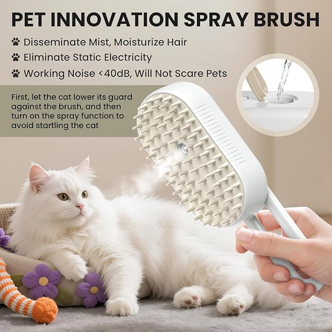 4 in 1 Cat Steam Brush for Shedding, Rechargeable Steam Brush with Foldable Handle, for Cats and Dogs Massaging and Cleaning, Multifunctional Hair Removal Comb (White)