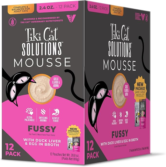 Tiki Cat Solutions Mousse Multipack Wet Cat Food, Fussy, Duck Liver & Egg, 2.4 oz. Pouch (12 Count)