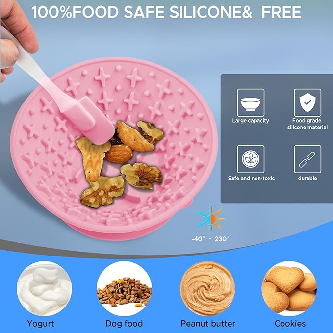 Dog Lick Bowl – Silicone Lick Mat for Dogs with Freeze Bone, Slow Feeder, Non-Slip Base, Includes Brush & Scraper, Large Opening for Anxiety Relief & Oral Health, Ideal for Frozen Treats (Pink)