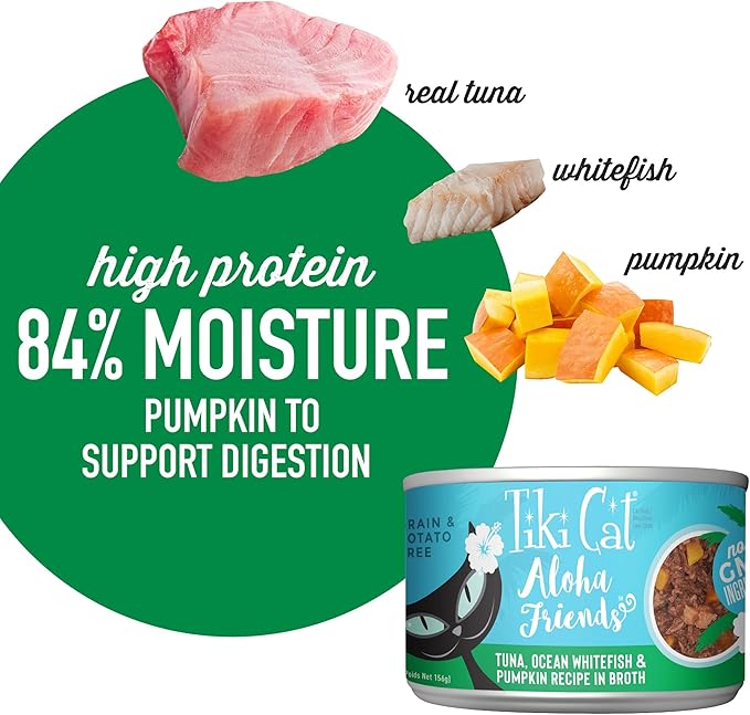 Tiki Cat Aloha Friends, Tuna, Ocean Whitefish & Pumpkin, Grain-Free & High Moisture, Wet Cat Food for All Life Stages 5.5 oz. Cans (Pack of 8)