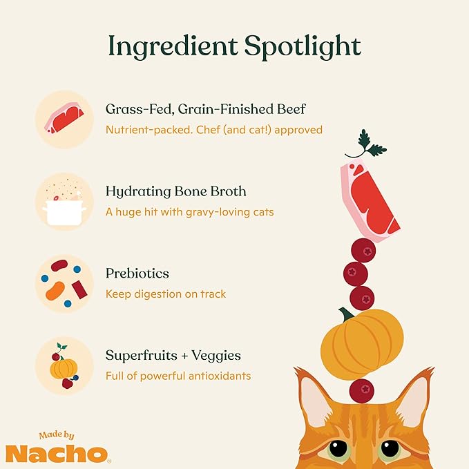 Made by Nacho Wet Cat Food, Grass-Fed, Grain-Finished Minced Beef in Bone Broth for Hydration with Prebiotics for Digestive Health, High Protein, 2.5oz Cups (10 Pack)