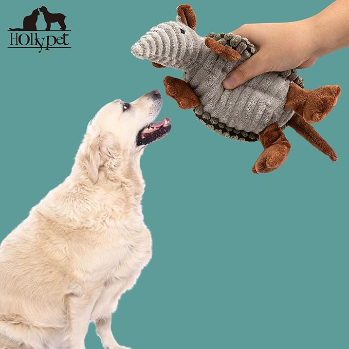 Hollypet Plush Dog Squeaky Toy Stuffed Armadillo Animal Pet Puppy Chew Toys with Clean Teeth for Small Medium Large All Breed Sizes Dogs, Olive Drab, 8 in