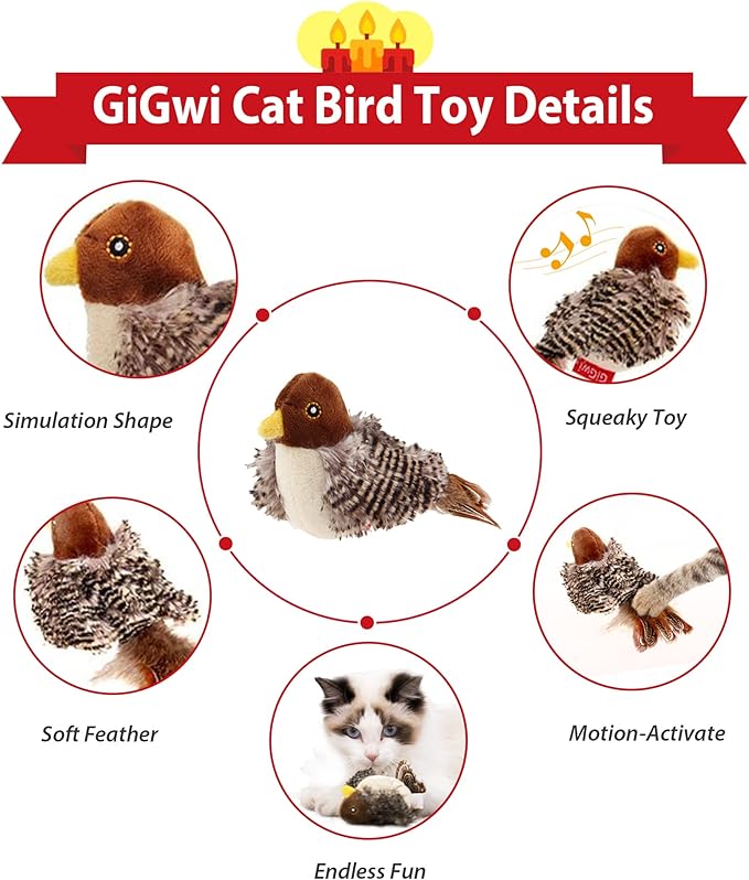 Gigwi Chirping Bird Cat Toy for Indoor Cats, Interactive Hangable Bird Cat Toy with Real Bird Sound and Feather, Automatic Bird Toy for Cats Exercise & Kicker to Self Play(No Flapping)