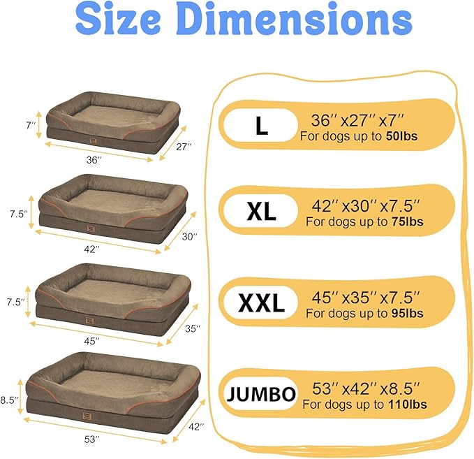 Washable Orthopedic Large Dog Bed -XL Large Dog Bed with Removable & Waterproof Cover Pet Beds with Foam Support for Big Size Dogs with Bolster