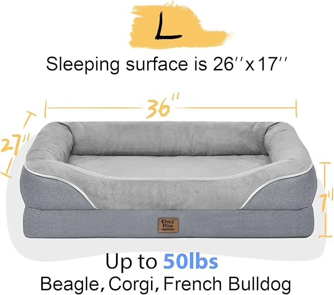 Orthopedic Washable Large Dog Bed - Egg Foam Dog Beds for Large and Medium Dogs Big Pet Beds with Removable Washable Cover and Bolster for Extra Large Dogs