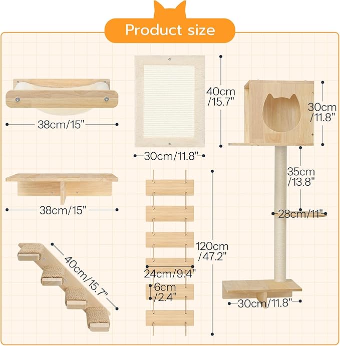 HOOBRO Wood Cat Wall Shelves, Set of 5 Cat Wall Furniture, Cat Corridor, Cat House, Cat Plush Hammock, Scratching Board and Cat Climbing Shelves, Sturdy, Durable and Safe, Natural NL45CS03