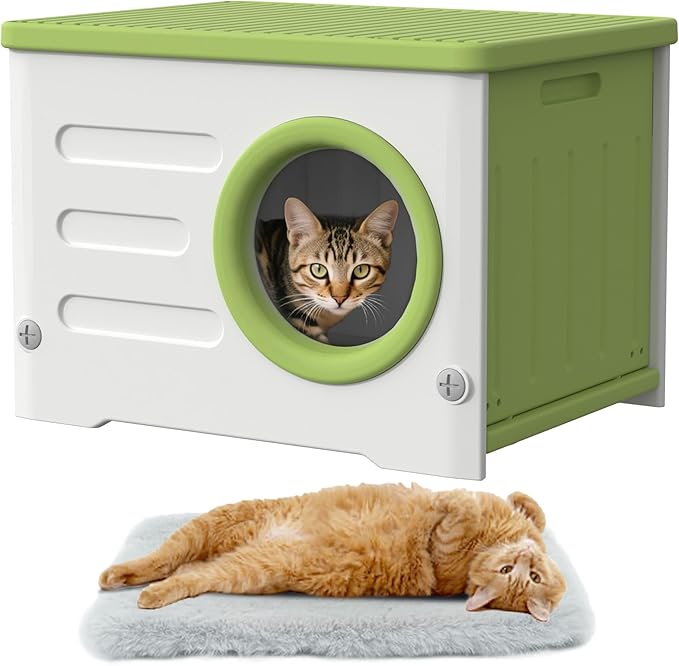 Plastic Outdoor Cat House Weatherproof&Insulated,Waterproof Elevated Cat Shelter Stackable Pet House Cat Wave for Outdoor Indoor Use with Bed Cushion (Green)