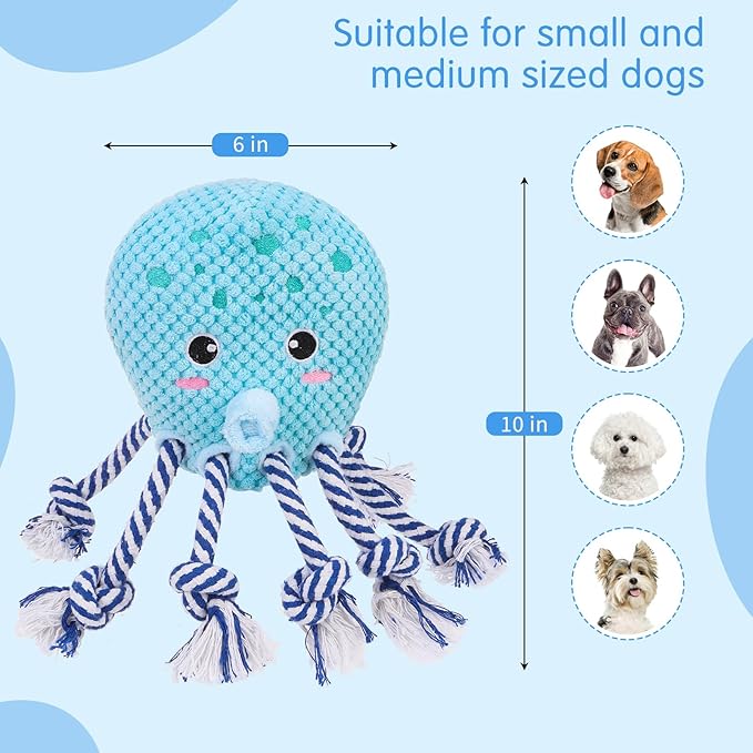 SCENEREAL Tug of War Stuffed Dog Toys for Small Medium Large Dogs,Squeaky Interactive Dog Chew Toys, Durable Dog Toy Keep Them Busy Chew Guard Technology with Rope for Training Indoor(Octopus, Blue)
