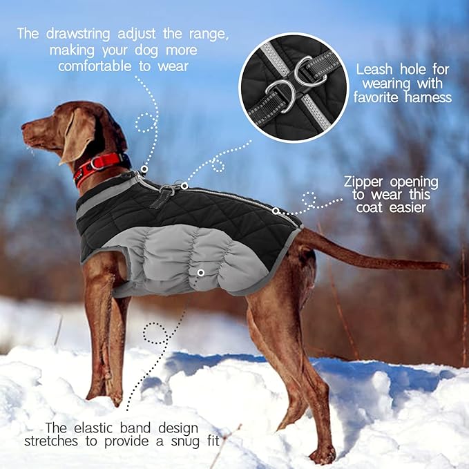 FUAMEY Dog Coat for Large Dogs,Waterproof Dog Winter Jacket with Harness Built in Puppy Cold Weather Coats Reflective Pet Vest with Zipper Warm Fleece Dogs Snowsuit Windproof Black XXXL