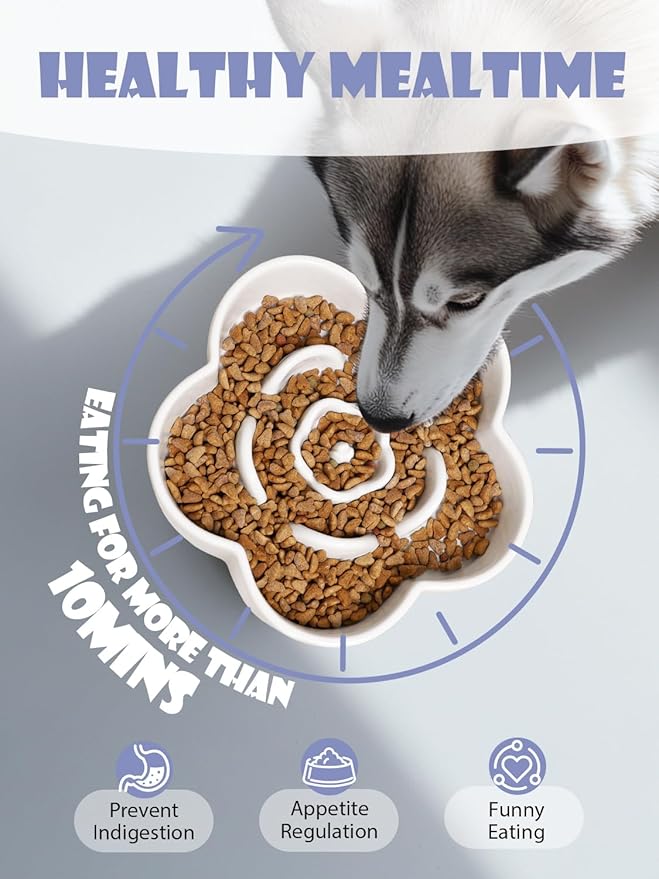 Ceramic Slow Feeder Dog/Cat Bowl, Anti-Choking Slow Food Bowls, 8" 11.3oz Slow Feeder for Medium, Large Breeds, Plum Puzzle Design, Non-Slip Silicone, Dishwasher and Microwave Safe, White