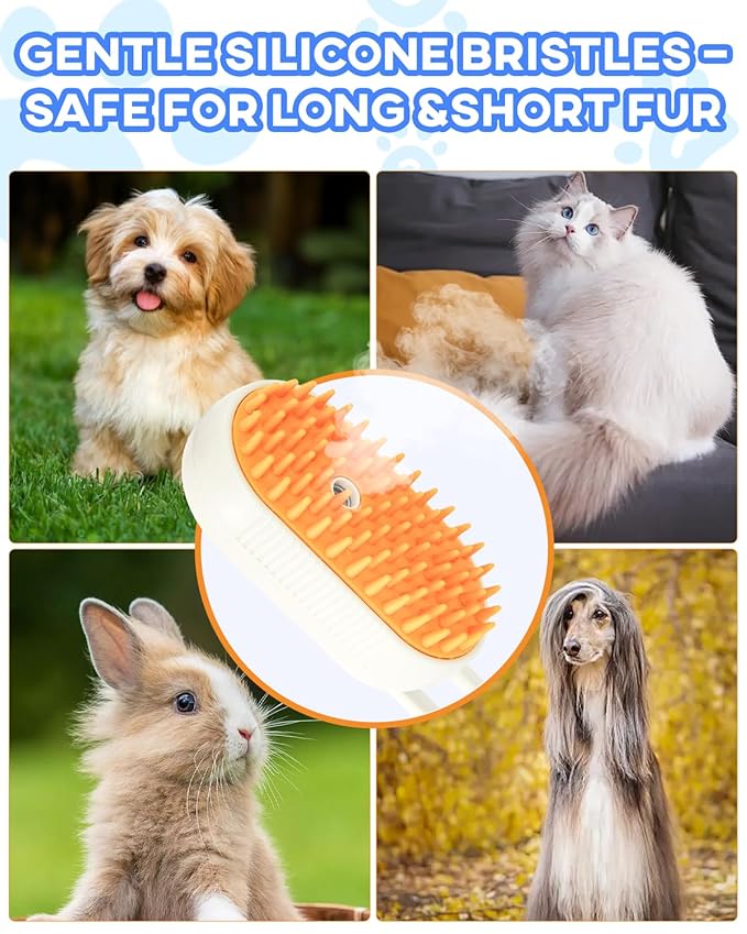 Luxelle Cat Steam Brush for Shedding – 4 in 1 Orange Pet Grooming Brush with Spray, Hair Removal, Massage & Cleaning – Anti-Static Defur Comb for Long & Short Haired Cats and Dogs
