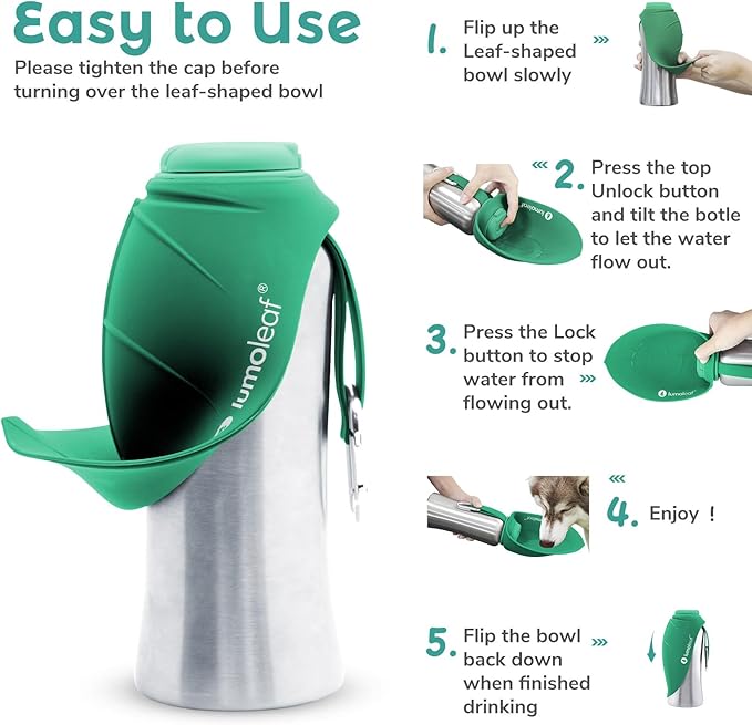 LumoLeaf Portable Dog Water Bottle 27 OZ, Stainless Steel Pet Travel Water Bottle Dispenser for Walking, Hiking and Outdoor, Portable Water Bowl for Large Dogs (Green)