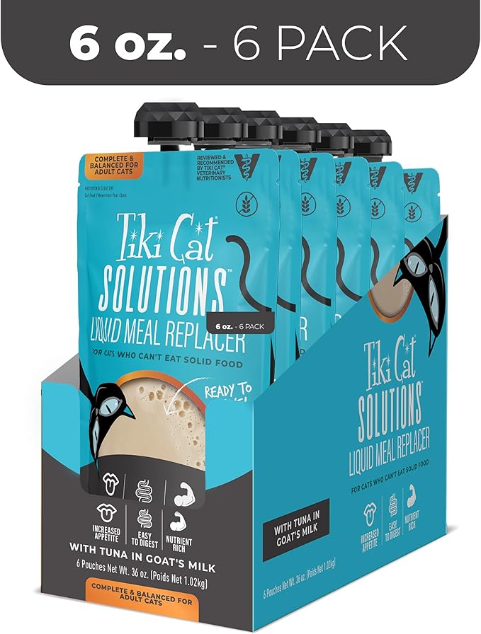 Tiki Cat Solutions Liquid Meal Replacer Wet Cat Food, Tuna in Goat's Milk, 6 oz. Spout Pouch (6 Count)