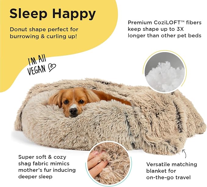 Best Friends by Sheri Bundle Set The Original Calming Shag Donut Cuddler Cat and Dog Bed + Pet Throw Blanket Taupe Small 23" x 23"