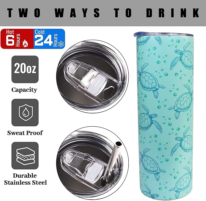 Sea Turtle Tumbler With Lid and Straw Sea Turtle Stuff Gifts for Women 20 oz Insulated Stainless Steel Skinny Tumbler Water Bottle Travel Mug Wine Cups