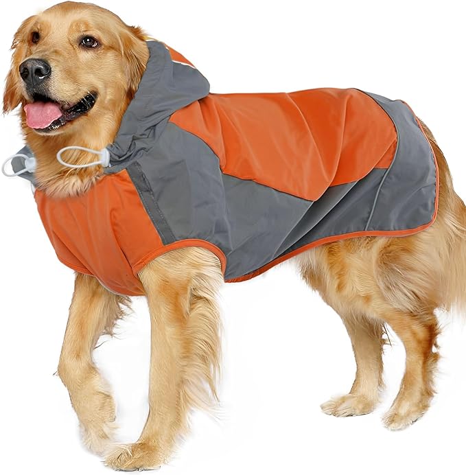 IECOii Dog Raincoat, Waterproof & Windproof Dog Rain Jacket with Reflective Strips for Rainy Walks,Pet Rain Poncho with Hood,Quick Dry,Easy to Wear,3XL Fits for Large Breeds,Orange,XXXL