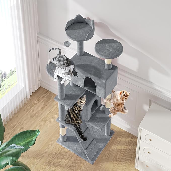 MoNiBloom Cat Tree, 70 Inch Cat Tree Tower with 2 Condo, Tall Cat Tower with Scratching Post, Cat Climbing Tower, Cat Tree for Indoor Cats, Light Grey