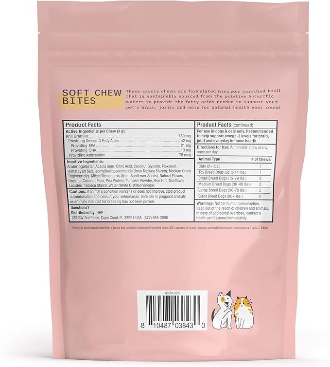 Bark & Whiskers Antarctic Krill Bites, 6.34 Oz. (180 g), 60 Chews, EPA & DHA, Supports Brain & Joint Health, Veterinarian Formulated, Non-GMO, MSC Certified, Dr. Mercola