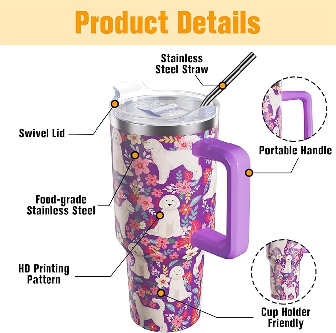Goldendoodle Gifts for Women Dog Lovers 40 oz Floral Golden Doodle Tumblers with Handle and Straw, Stainless Steel Vacuum Insulated Travel Coffee Mug Cup Water Bottle