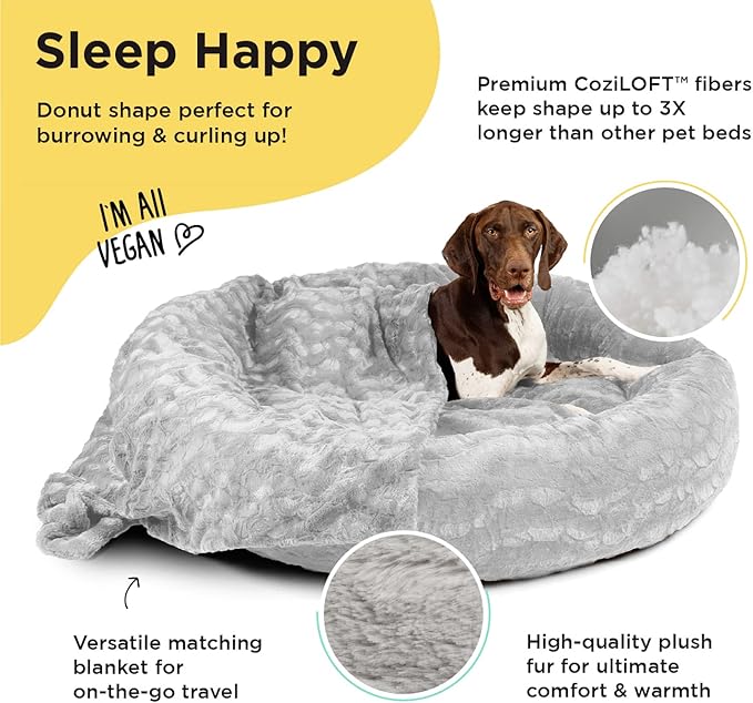 Best Friends by Sheri Bundle Set The Original Calming Lux Donut Cuddler Cat and Dog Bed + Pet Throw Blanket Gray Extra Large 45" x 45"