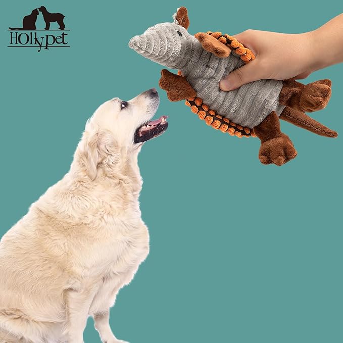 Hollypet Plush Dog Squeaky Toy Stuffed Armadillo Animal Pet Puppy Chew Toys with Clean Teeth for Small Medium Large All Breed Sizes Dogs, Tangerine, 8 in
