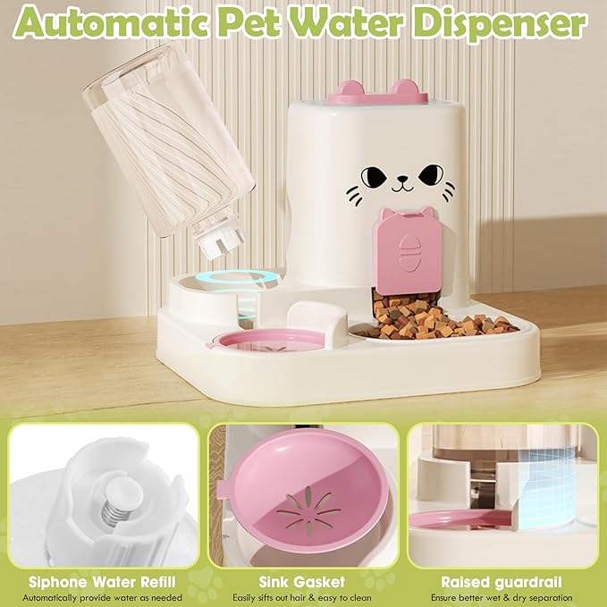 1.6L Auto Gravity Pet Feeder and 0.6L Water Dispenser Set, Automatic Cat Food and Water Dispenser, Gravity Pet Feeder for Small Medium Dog Puppy Cat Kitten (Pink)