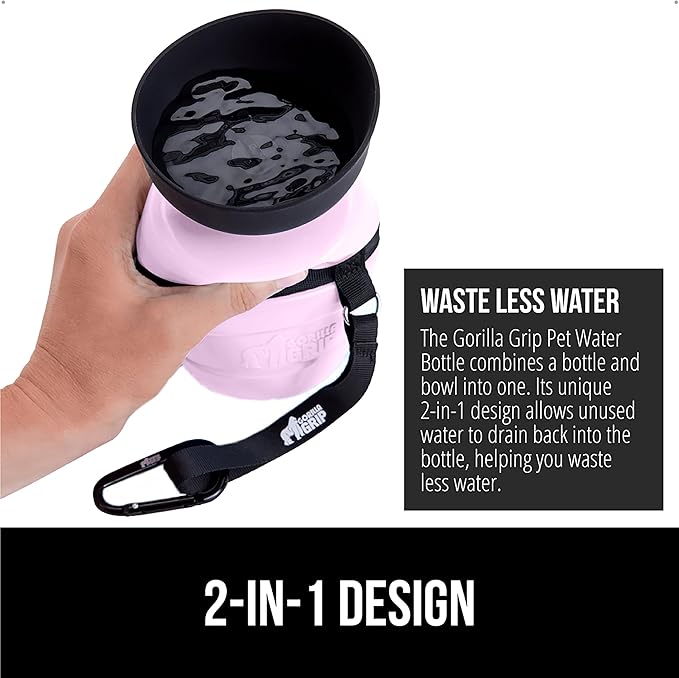 GORILLA GRIP Dog Water Bottle, Portable Water Bowl Dispenser for Dogs, 20 oz Leak Proof Pet Travel Squeeze Bottles, Food Grade Silicone, to Go Puppy Essentials, Hiking Camping Trip Accessories, Pink
