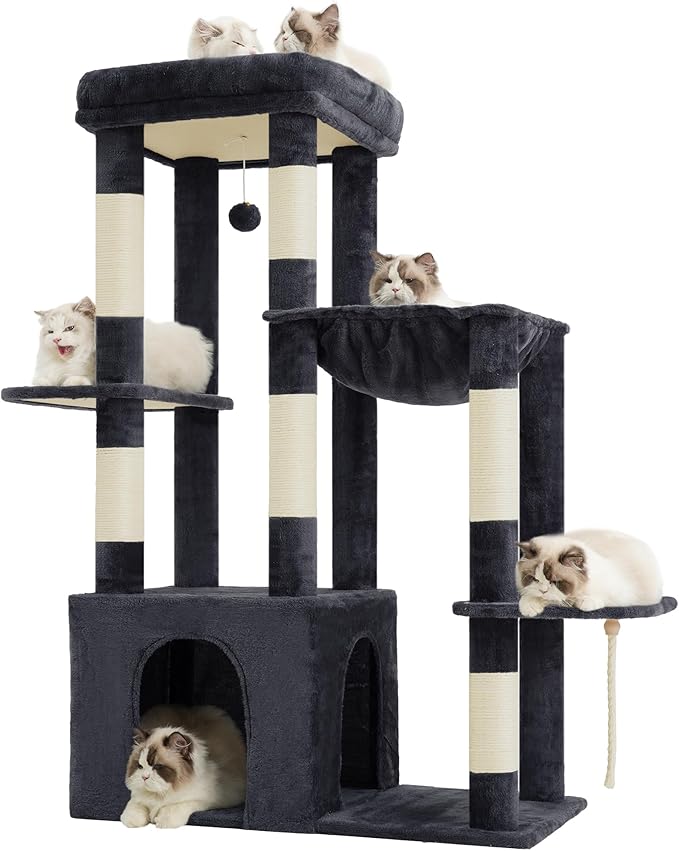 Heybly Heavy Duty Cat Tree, Tower for Indoor Cats Large Adult, Tall Cat Condo House with Extra-Large Baseboard, Multi-Level Plush Furniture with Scratching Posts, Hammock, Toy Ball, Smoky Gray HCT026G