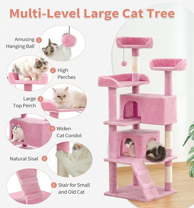 Made4Pets Cat Tree Tower 56" Cat Tower for Indoor Cats Kitten Tree Multi-Level Cat Tree with 2 Condo Furniture Activity Center with Scratching Posts Funny Toys (Pink)