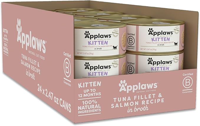 Applaws Natural Wet Kitten Food, Limited Ingredient, Grain-Free, Protein with No Artificial Additives, Tuna Fillet & Salmon in Broth (24 x 2.47oz Cans)