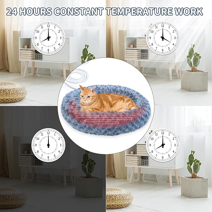 Heated Cat Beds for Indoor Cats Warming Cat Beds Super Soft Machine Washable Thermo Kitty Electric Heating Bed 19 Inches Round