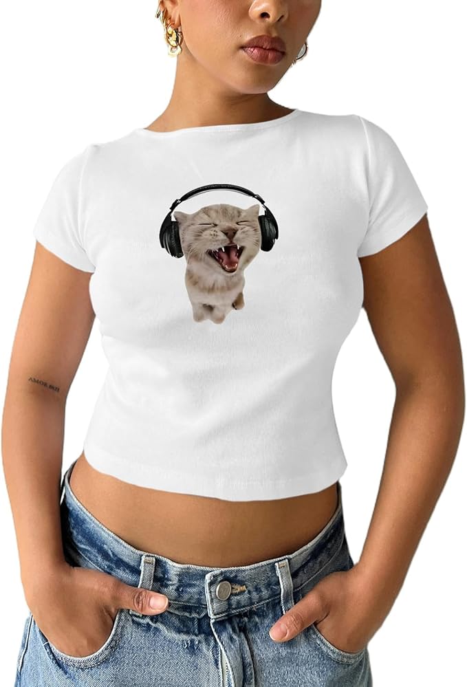 Cat Graphic Baby Tee for Women Grunge Y2k Shirt Funny Crop Tops Teens Cute Cropped Tees Aesthetic Printed Tshirts(White,L)