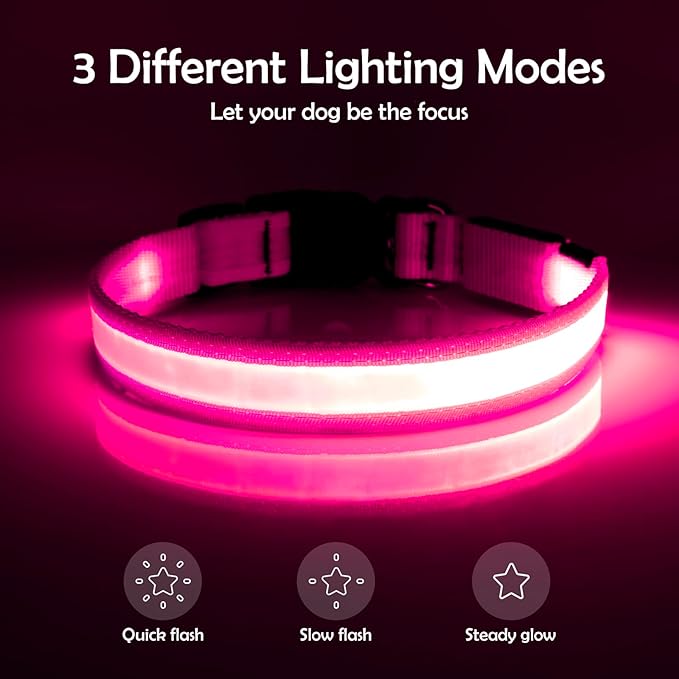 Vizpet LED Dog Collar, Light Up Dog Collar Adjustable USB Rechargeable Super Bright Safety Light Glowing Collars for Dogs (Medium, Pink)