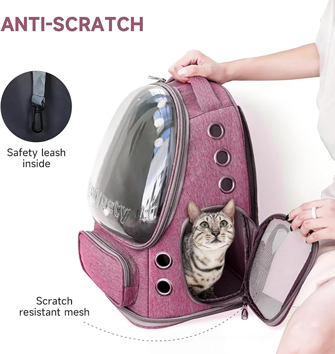 Cat Backpack Carrier, Breathable Cat Carrier Large Space Bubble Pet Backpack for Kitty Small Dog up to 15lbs, Transparent & Foldable Pet Carrier for Travel Hiking(Pink)