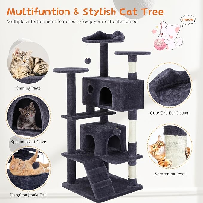 Sweetcrispy 54 Inch Cat Tree Tower, Multi-Level with Cat Scratching Post, Indoor Cat Condo with Climbing Ladder, Plush Toy, Play House for Cat, Grey